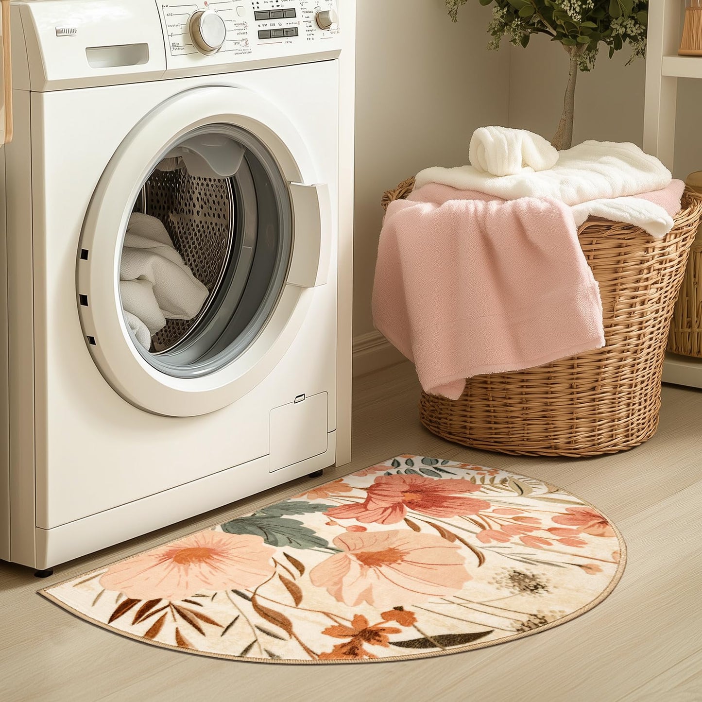 jinchan Floral Washable Small Area Rug, 2x3 Botanical Romantic Half Circle Entryway Rug, Soft Low-Pile Non-Slip Dirt Trapping Carpet for Kitchen Sink Bathroom Vanity Laundry Room, Floral Pink/Grey