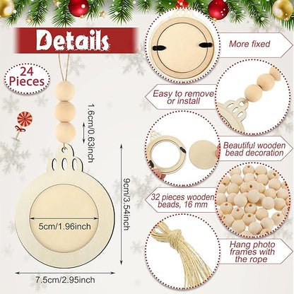 Blulu 24 Pcs Christmas Unfinished Picture Ornament Bulk Wooden Round Photo Frame Hanging Ornaments for Christmas Tree Stockings Decorations