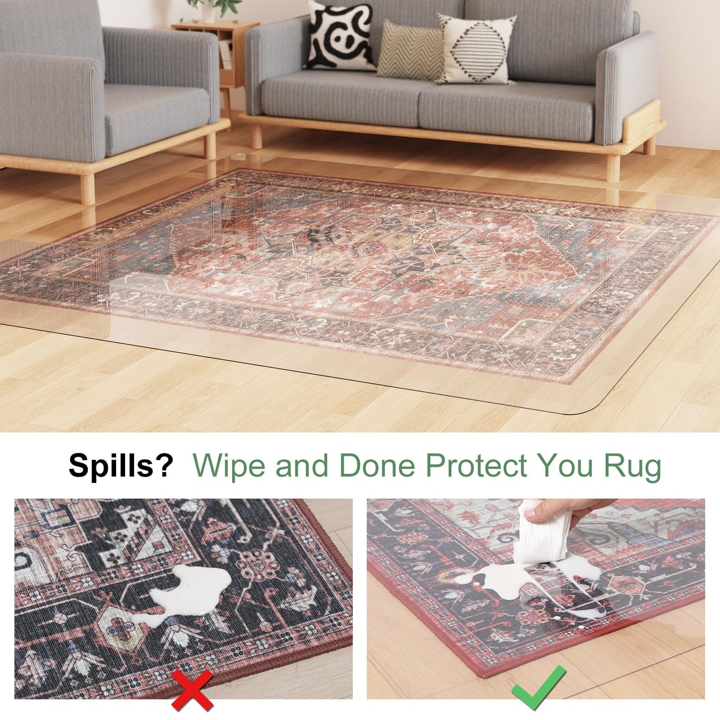 Crystal Clear Floor Mat 6×9ft, Upgraded Easy Flat Waterproof Vinyl Rug Cover, Large Stain-Resistant Plastic Area Rug Floor Protector for Kitchen, Dining Room, High-Traffic Areas
