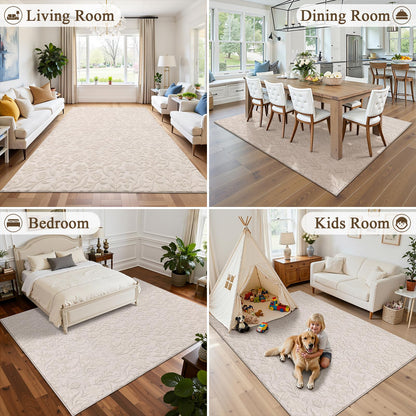 Vaukki 5x7 Area Rug for Living Room, Soft Fluffy Washable Modern Floral Indoor Floor Mat, Non Slip Shaggy Boho Accent Throw Carpet for Bedroom, Living Room, Nursery and Dining Room, Beige