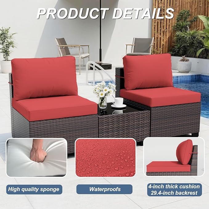 ALAULM 9 Pieces Outdoor Patio Furniture Set Sectional Sofa Sets Brown PE Rattan Patio Conversation Set w/8 Red Seat Cushions and 1 Coffee Table