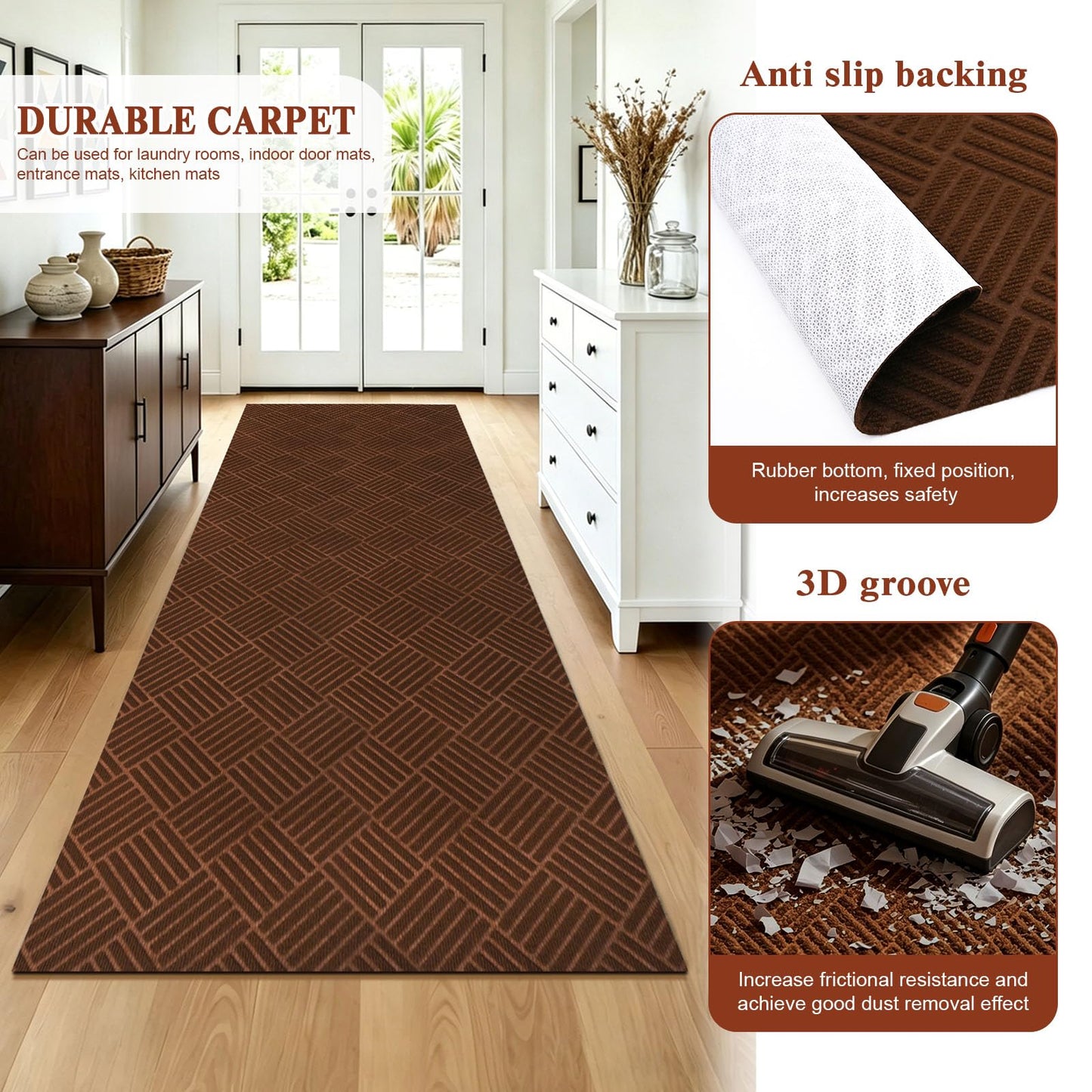 Runner Rugs with Rubber Backing for Hallway,3’x10’Fine Stripe Embossing Non-Slip Indoor Outdoor Doormat,for Entryway Balcony Patio Kitchen Garage Stair Laundry,Brown