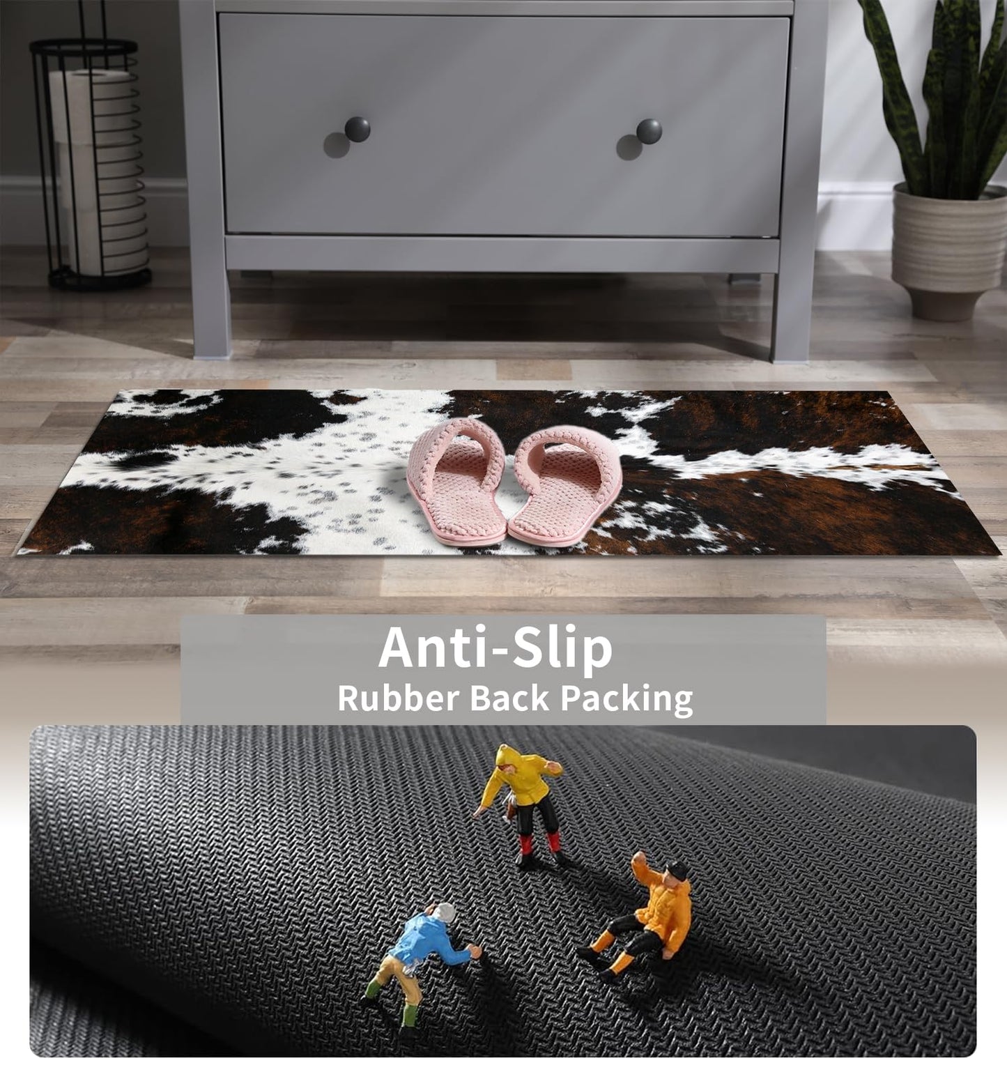 MUGINYU Cowhide Cow Print Bath Mat,Long Western Bathroom Rug for Farmhouse Cowboy Decor,Quick Dry Absorbent Non-Slip Narrow Shower Rug Runner Mats for Bathroom Floor with Rubber Backing
