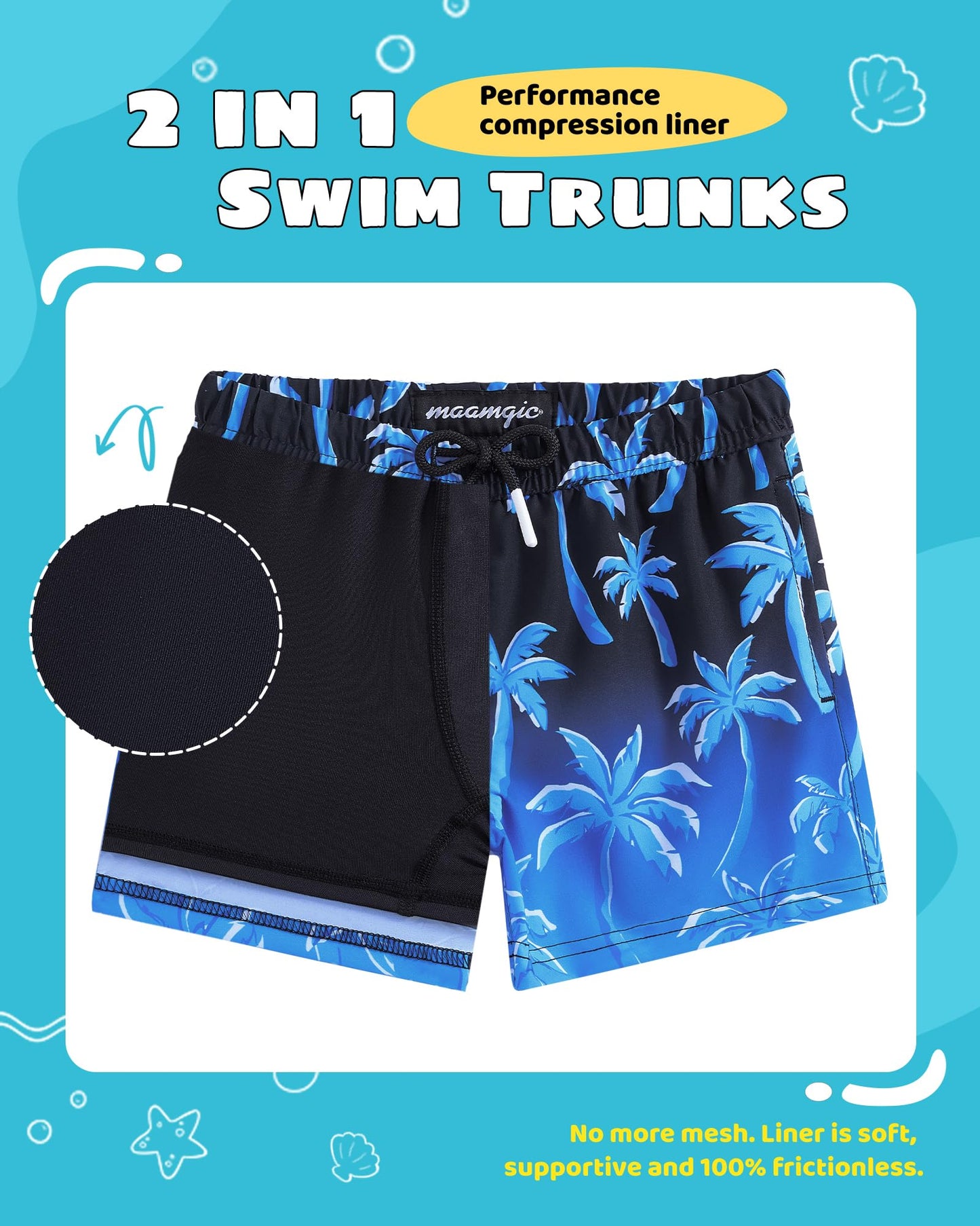 maamgic Boys Swim Trunks with Compression Liner Toddler Stretch Swim Shorts Quick Dry Swimming Trunks Boxer Brief 2 in 1 Beach Shorts Blue Coconut Tree 8