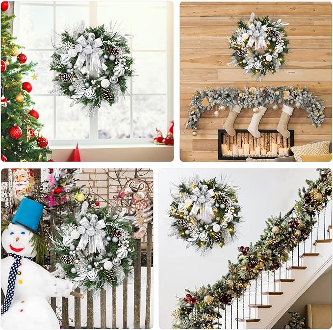 Christmas Wreath for Front Door, 24 Inch Outdoor Christmas Wreath, Battery Operated Xmas Wreath with Silver White Ball Ornaments Bows and 20 LED Lights for Home Holiday Decor