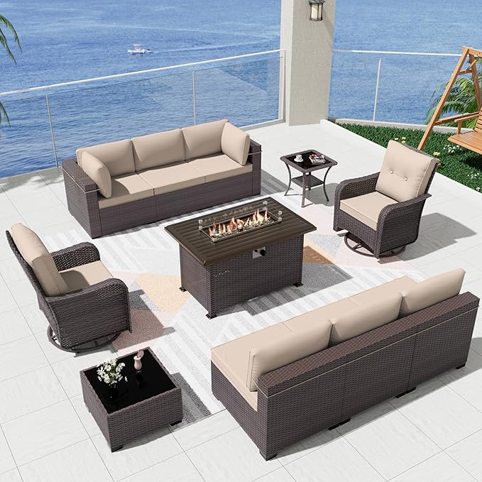 Kurapika 11 Pieces Patio Furniture Set, Rattan Wicker Outdoor Conversation Sets w/43in Propane Fire Pit Table, Swivel Rocking Chairs Patio Sectional Sofa w/4 Inch Cushion, Sand