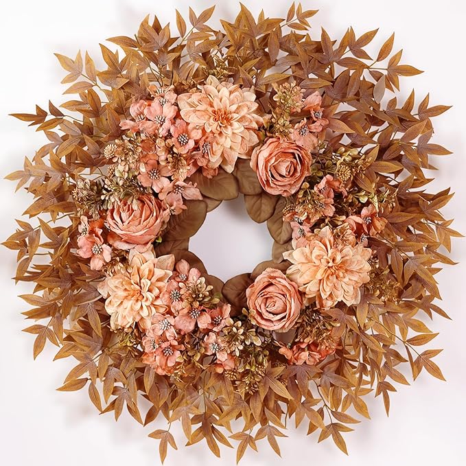 26" Fall Wreath for Front Door - Large Artificial Dahlia Flowers Fake Rose Faux Maple Leaves Outdoor Wreath for Porch, Window,Farmhouse,Home,Thanksgiving Day Harvest Festival Autumn Decor