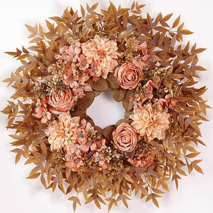 26" Fall Wreath for Front Door - Large Artificial Dahlia Flowers Fake Rose Faux Maple Leaves Outdoor Wreath for Porch, Window,Farmhouse,Home,Thanksgiving Day Harvest Festival Autumn Decor
