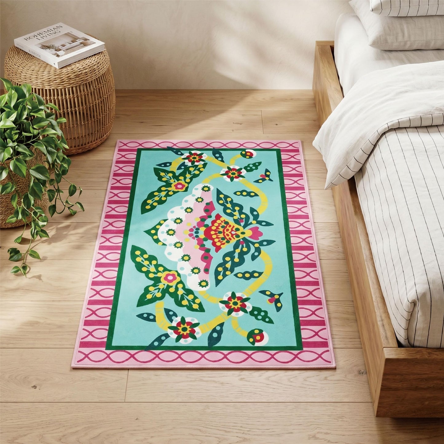 Jianhua Goddess 2x3 Entry Rug, Pink Peony Floral Pattern Series Inspired by Ku Shulan Paper-Cut, Machine Washable Indoor Floral Folk Art Accent Rug with Non-Slip Backing for Entryway, Bedside, Studio