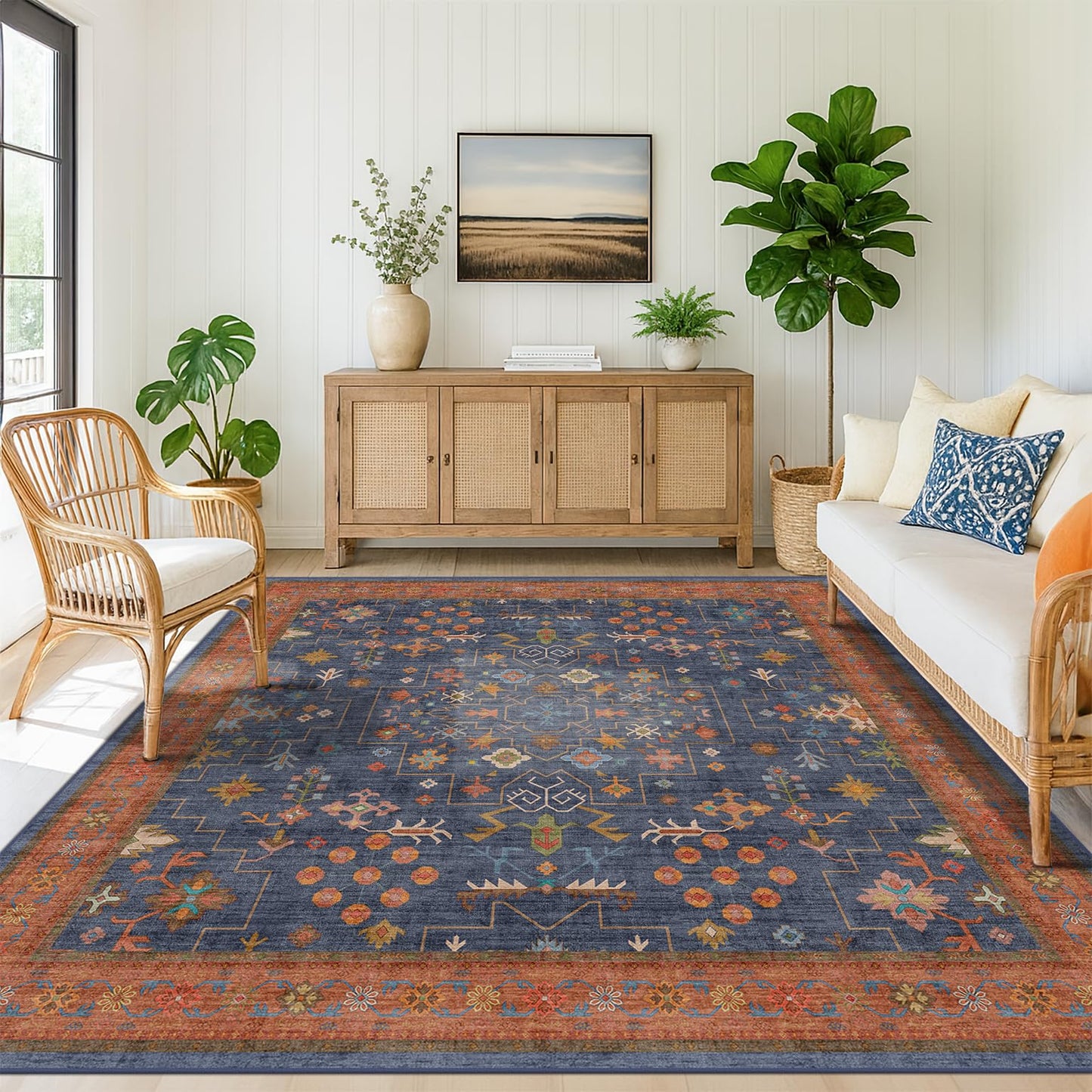Washable Boho Square 8x8 Living Room Rug - Navy Blue Carpet for Bedroom, Dining Room Rugs for Under Table - Low Pile Non-Slip Rubber Backing Stain Resistant (8x8 Navy Blue)