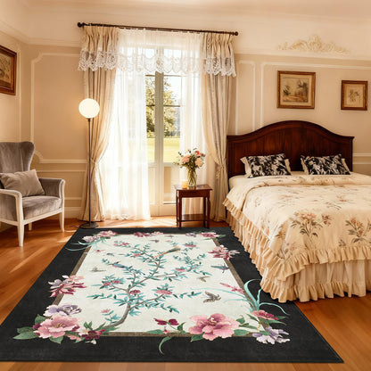 GarveeHome 5x7 Area Rugs Chinoiserie-Style Washable Rugs 5x7 Oriental Colorful Butterfly Birds Floral Rug Non Slip Low Pile for Kids Living Room Bedroom Nursery Dining, Black