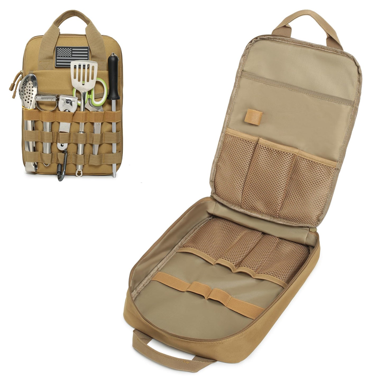 Lemubeane Tactical Camp Kitchen Organizer Camping Cooking Utensils Bag for BBQ, Picnic, Travel & Hiking (Khaki)