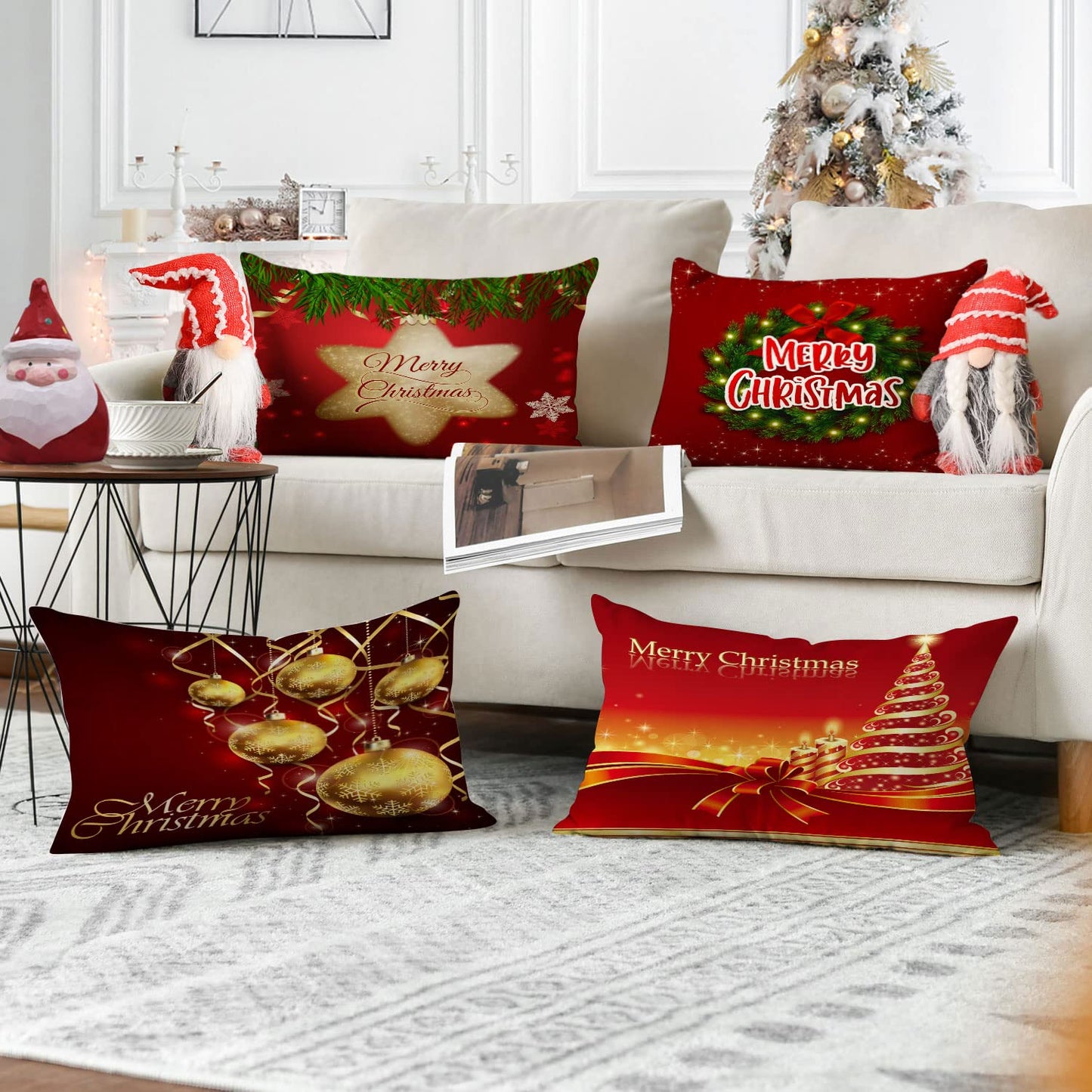 Set of 4 Christmas Pillow Covers 12x20 Inch Xmas Pillow Cases Velvet Throw Pillow Covers Red Gold Winter Holiday Cushion Covers Outdoor Couch Sofa Home Decorations for New Year
