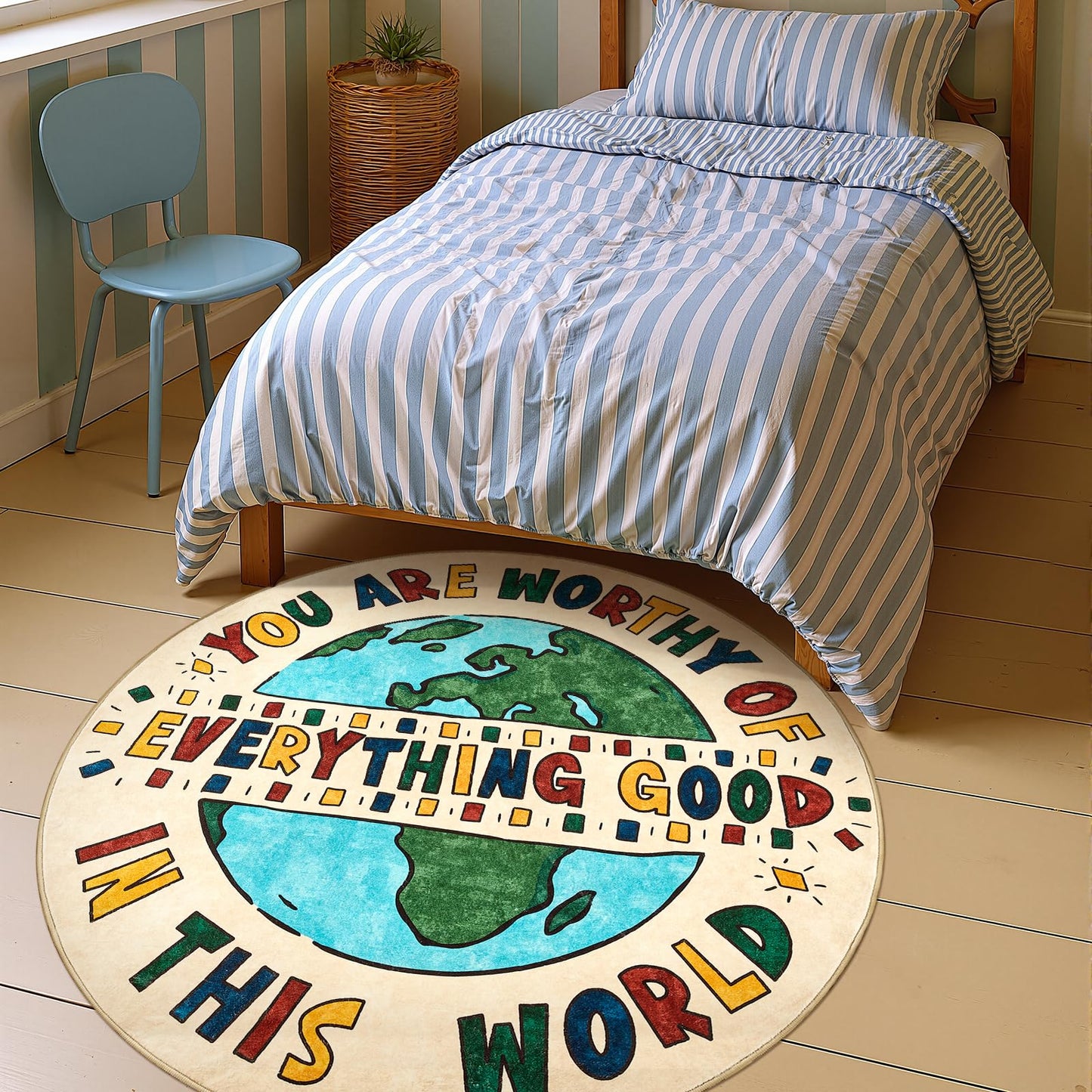 JINCHAN 4ft Round Rug Washable Fun Rug You Are Worthy Playroom Mat Non Slip Cheerful Circle Cool Floor Cover Soft Cozy Low-pile Emotional Support Throw Carpet for Entryway Kids Gift Teens Dorm Bedroom