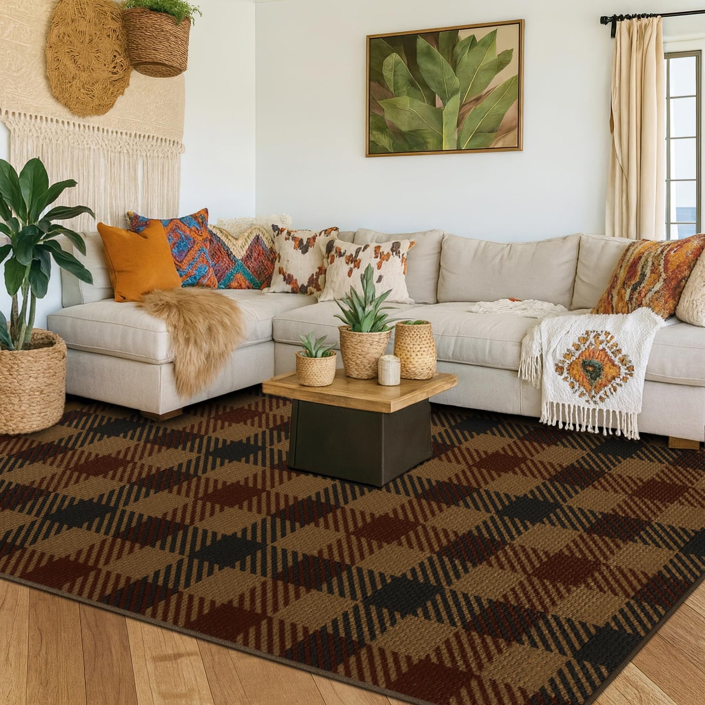 5x7 Farmhouse Mudroom Rug – Washable Non Slip Large Entryway Area Rug for Back Door, Garage Entrance, Durable Indoor Outdoor Style Plaid Rug for Kitchen Dining Room, Dark Brown