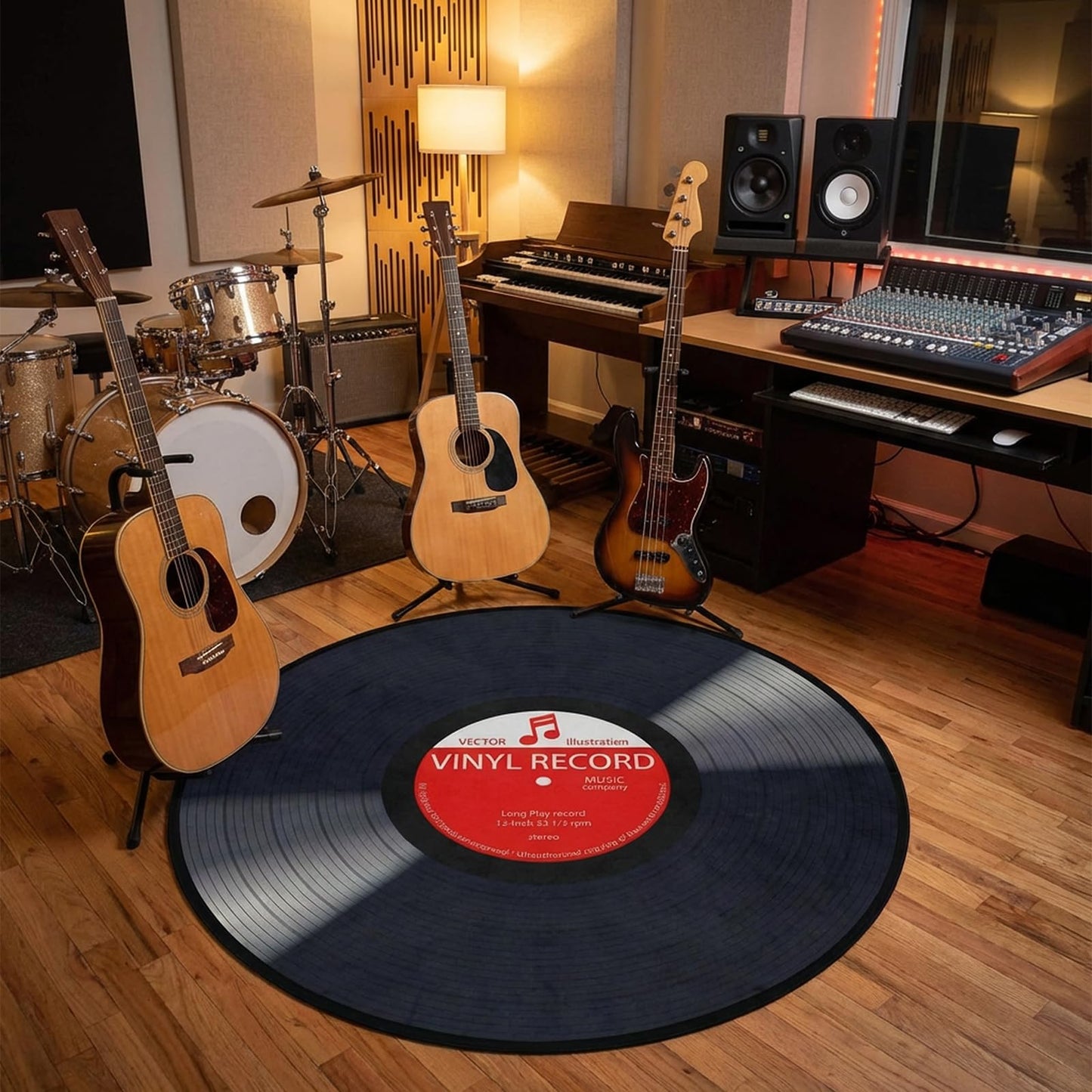 keepcute Music Record Black Round Area Rug for Bedroom Living Room Study Playing,Non-Slip Floor Mat Carpet Home Decor Rugs, 3' Diameter