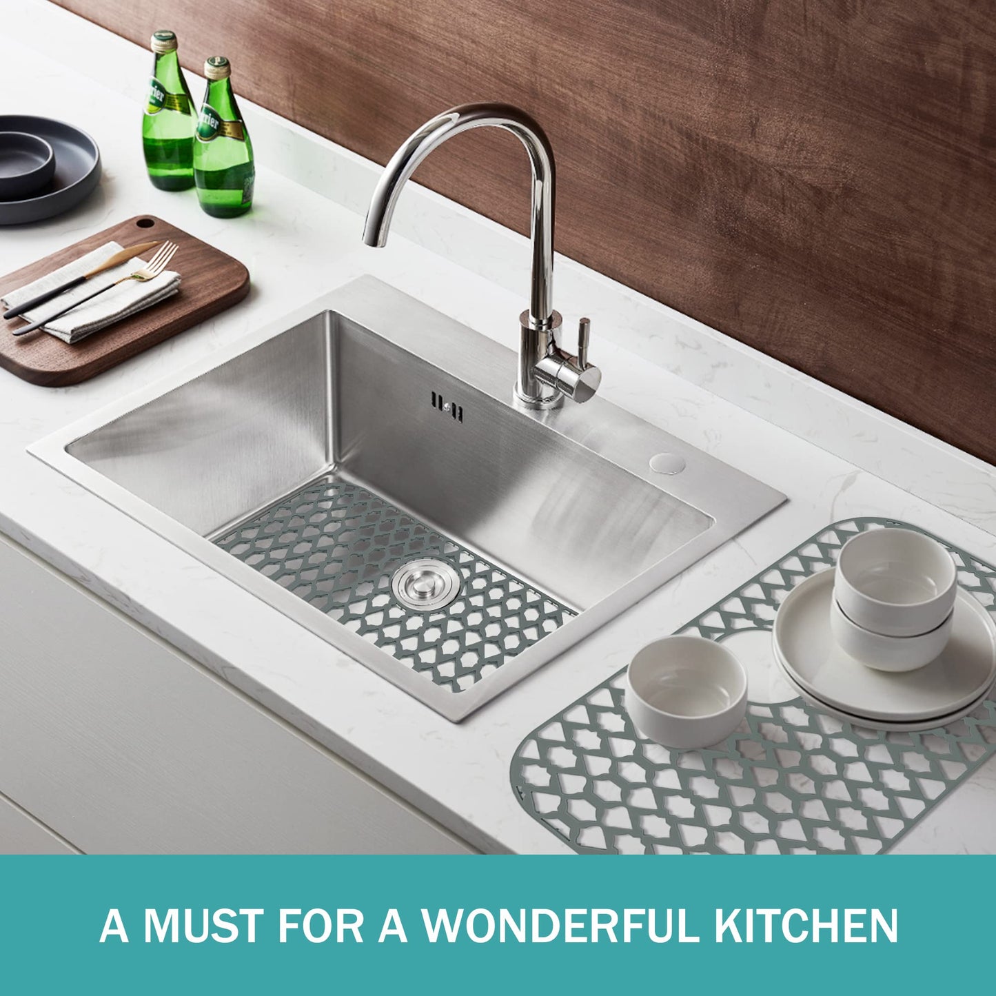 SAMSIER Silicone Sink Protectors Mats (13x11 & 14x12 & 16x12 & 18x16 & 19x14 & 21x16 & 22x13 & 25x16 & 26x14 & 28x14 & 30x16) for Bottom of Kitchen Sink (26”x14”, Rear Drain)