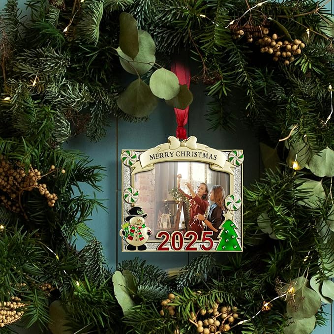 2025 Christmas Tree Ornament Picture Frame Ornament - Made of Zinc Alloy Glitter Powder Pendant 3x2.5 Inch Picture Frame for Pet and Baby Holiday Keepsake Gift (Snowman,Golden)