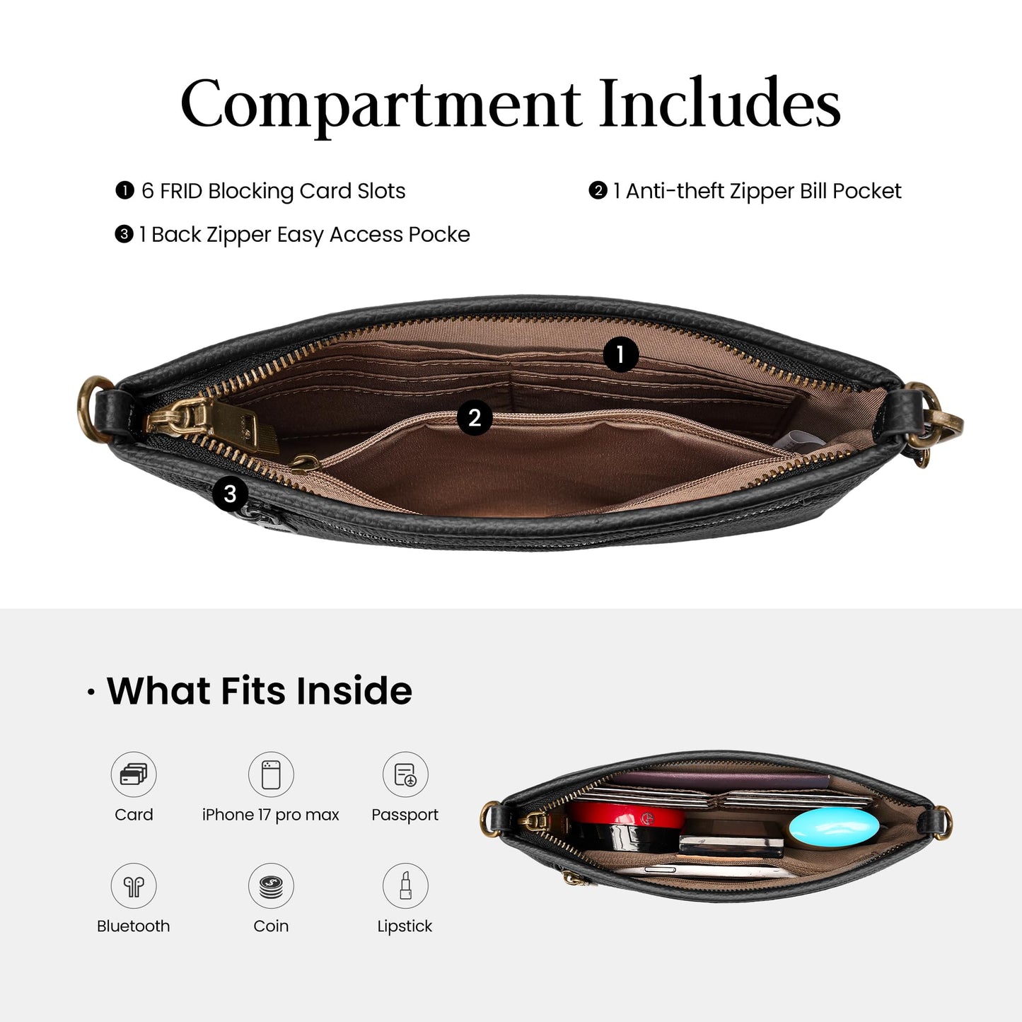 befen Genuine Leather Wristlet Wallets for Women Black Clutch Purse RFID Blocking Small Crossbody Bags Cell Phone Wallet Soft Leather Purse for Travel Women Shoulder Handbag with 2 Removable Straps