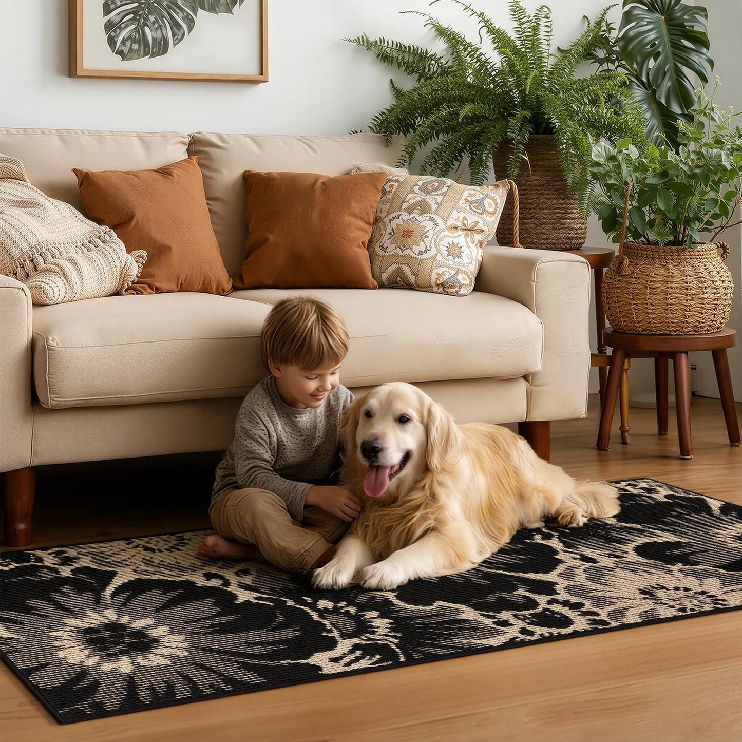 Findosom Hallway Runner Rug 2x8, Non Slip High-Low Textured Floral Washable Runner Rug with Rubber Backing, Boho Carpet Runner for Kitchen, Entryway, Bedroom, Laundry, Black & Beige
