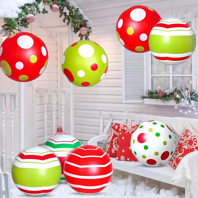 12 Pcs 24/16 Inch Giant PVC Christmas Inflatable Ball Outdoor Blow up Xmas Inflatables Ornaments Giant PVC Christmas Ornaments for Tree Yards Lawns Porch Garden Front Doors Holiday Decor(16 Inch)