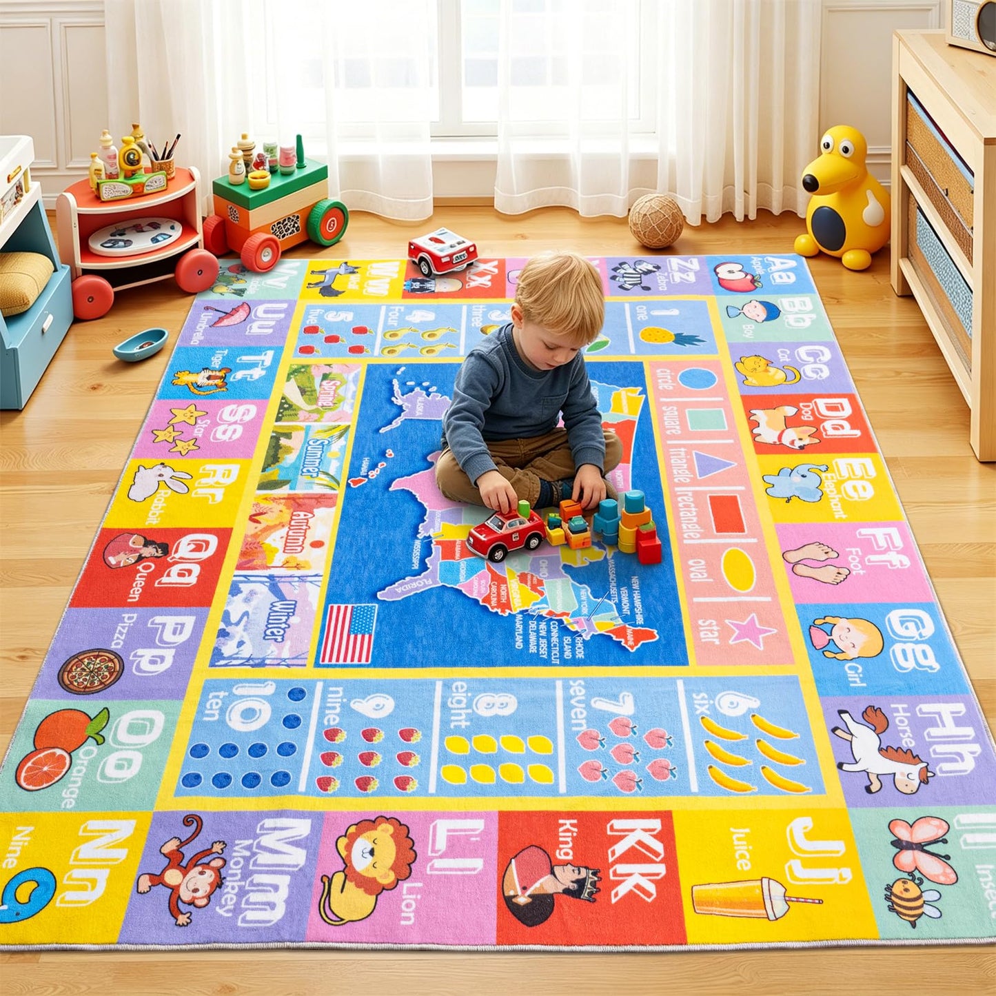 OHDS Kids Rugs for Playroom - Soft & Non-Slip 4x5 Feet Educational Rug for Learning ABC Alphabet, Numbers, Shapes & Map, Washable Classroom Rug for Toddler Nursery & Kids Room Decor