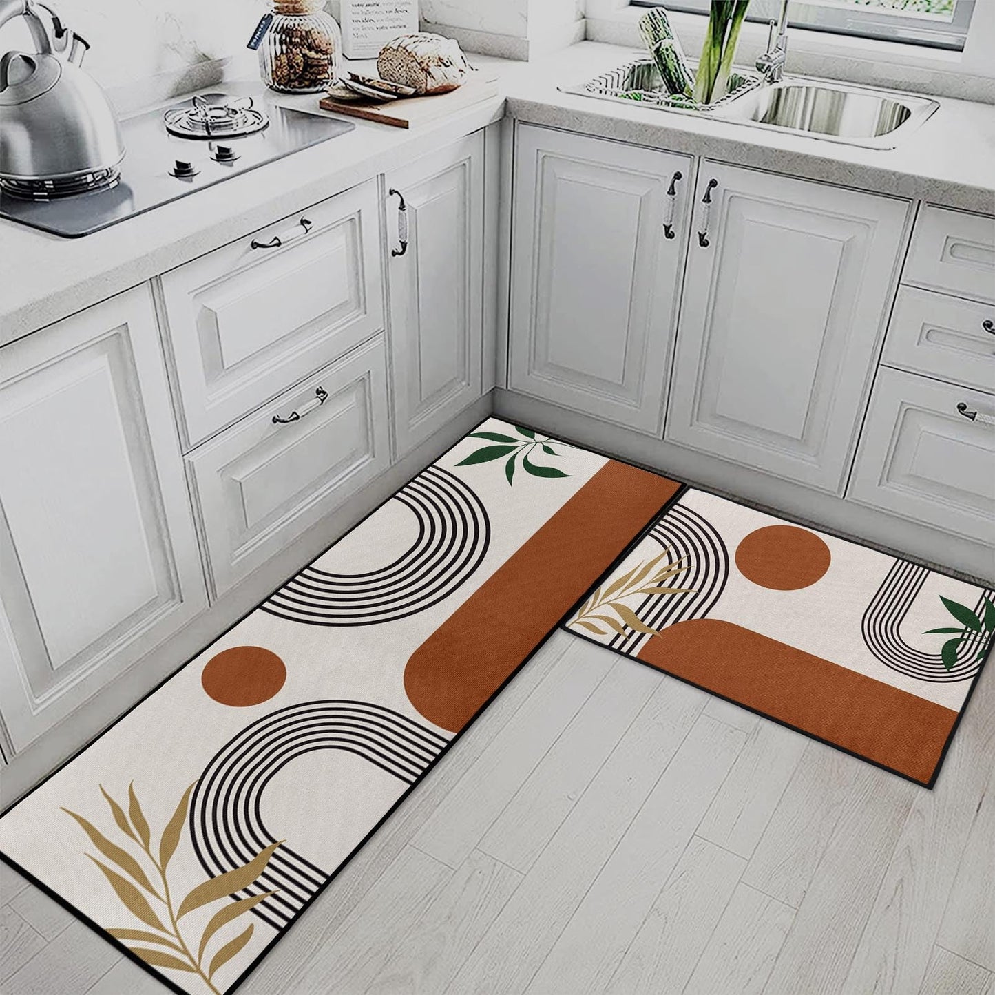Tayney Mid Century Boho Home Kitchen Rugs and Mats Non Skid Washable Set of 2, Bohemian Mats for Floor, Abstract Geometric Runner Rug, Modern Minimalist Kitchen Decor