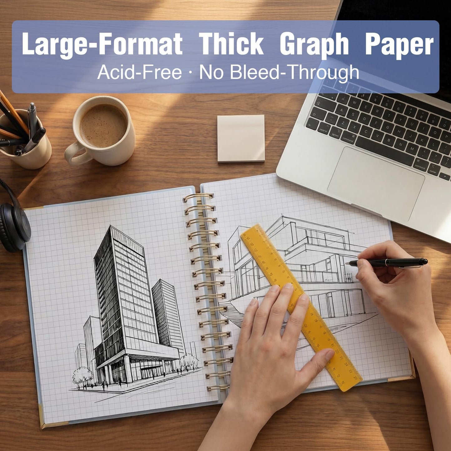 Graph Paper Notebook, 8.5” x 11” Graphing Notebook, 300 Pages, Large Hardcover Grid Notebook Journal, Graph Paper Spiral Notebook with Thick Paper, Pockets for School and Office Supplies, Purple