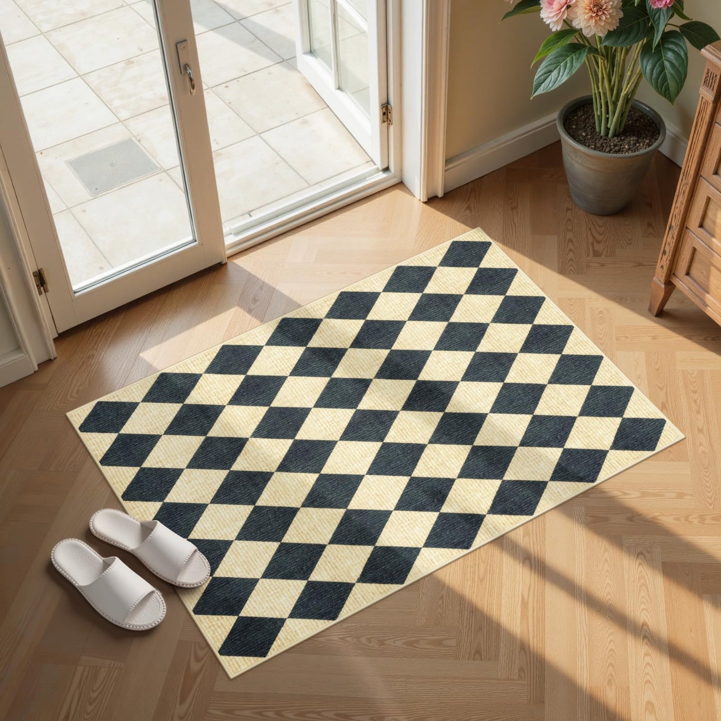 LIVEBOX Checkered Area Rug 2x3 - Small Entryway Rug Non Slip Washable Kitchen Mat, Bathroom Rugs Under Door, Moroccan Soft Indoor Carpet for Bedroom Laundry Entrance