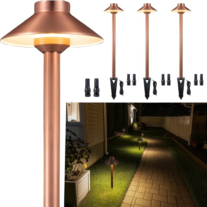 Gardenreet Brass Low Voltage Path Lights(Hat) Outdoor Waterproof IP65, 12V LED Copper Landscape Lights Wired Fixture for Garden Walkway Driveway Garden Yard Without G4 Bulb(4 Pack)