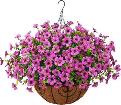 Artificial Faux Hanging Plants Flowers Basket Outdoor Porch Garden Spring Summer Decoration, Fake Silk Daisy in Planter Realistic UV Resistant for Outside Home Patio Balcony Yard(Purple)