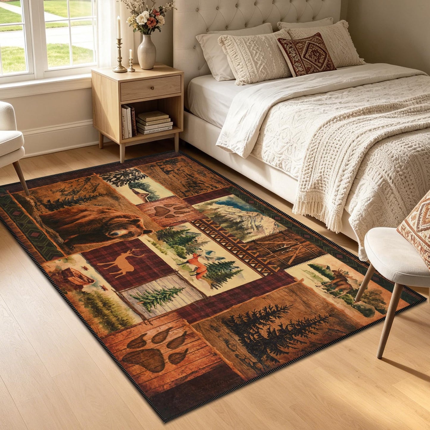 ASPMIZ 3x5 Rustic Area Rugs Non-Slip Washable — Buffalo Plaid Country Log Cabin Bear Deer Fox Design, Vintage Soft Faux Wool Throw Rug for Living Room Bedroom, Low Pile