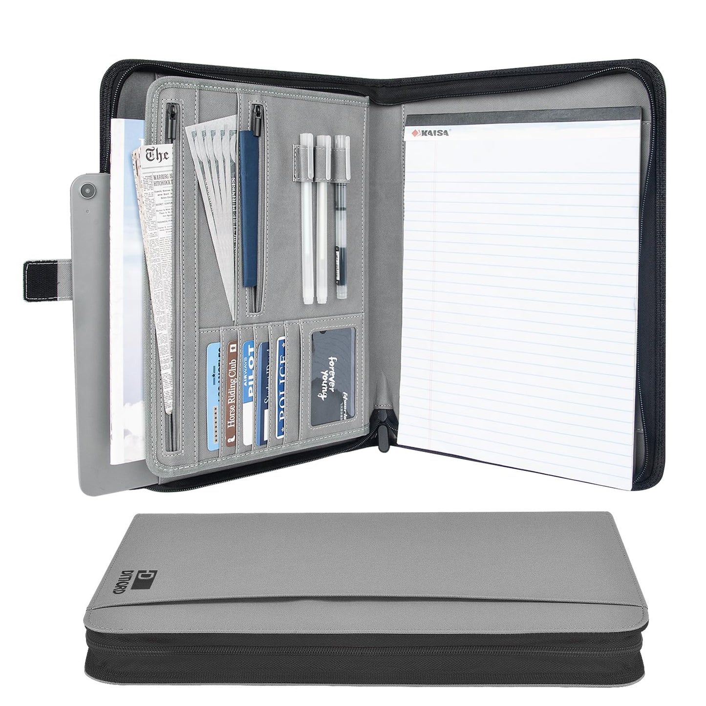 Ditiord Premium Vegan Leather Padfolio with Zipper – 8.5" x 11" Portfolio Organizer for Legal Pads & Spiral Notebooks – Professional Business Folder for Men and Women (Gray)