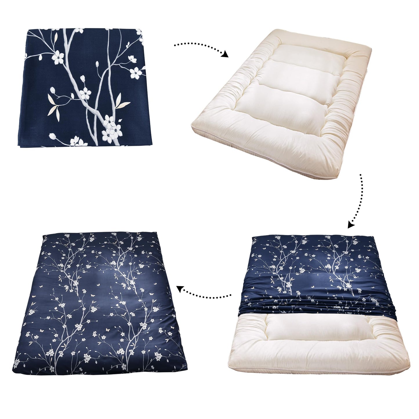 MAXYOYO Mattress Cover for Traditional Japanese Futon Mattress, Futon Floor Mats Cover with Zipper, Super Soft and Machine Washable, Navy Floral, Full