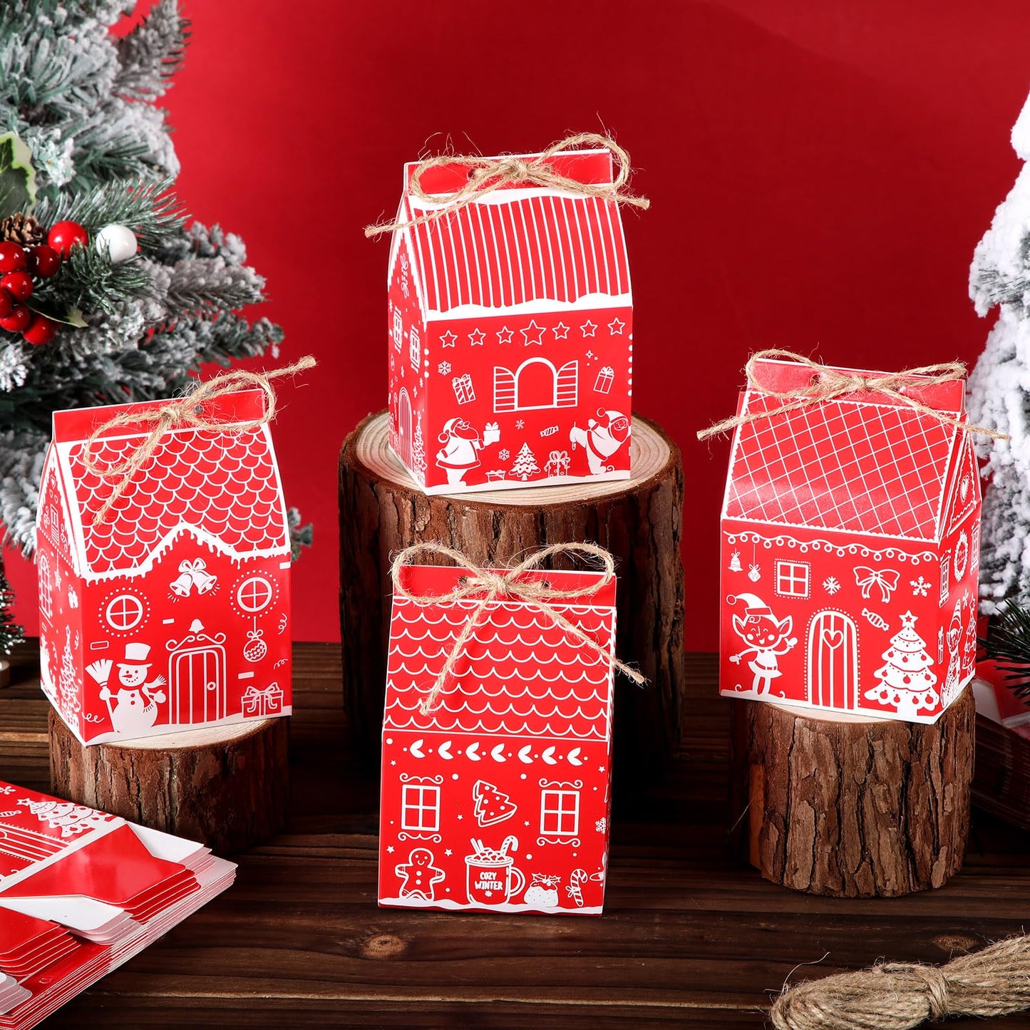 Zhanmai 48 Pcs Christmas Treat Boxes Candy Red Village Vintage Mini Gingerbread House Favor Box Christmas Party Paperboard Gift Boxes for Xmas Holiday Party Treat Cookie Goodie Snack Gift Packaging