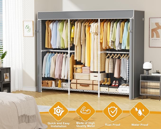 ULIFHOME E14C Pro Heavy Duty Closet Organizer System，Freestanding Clothing Racks for Hanging Clothes，Adjustable Garment Rack 69" W × 16" D × 77" H Hold 960 lbs，White Rack with Grey Dustproof Cover