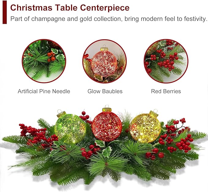 Christmas Centerpiece Table Decorations, Includes 3 LED Baubles Artificial Red Berries and Pine Cones Xmas Candelabrum for Dinning Room, Table, Fireplace, Mantel Decoration