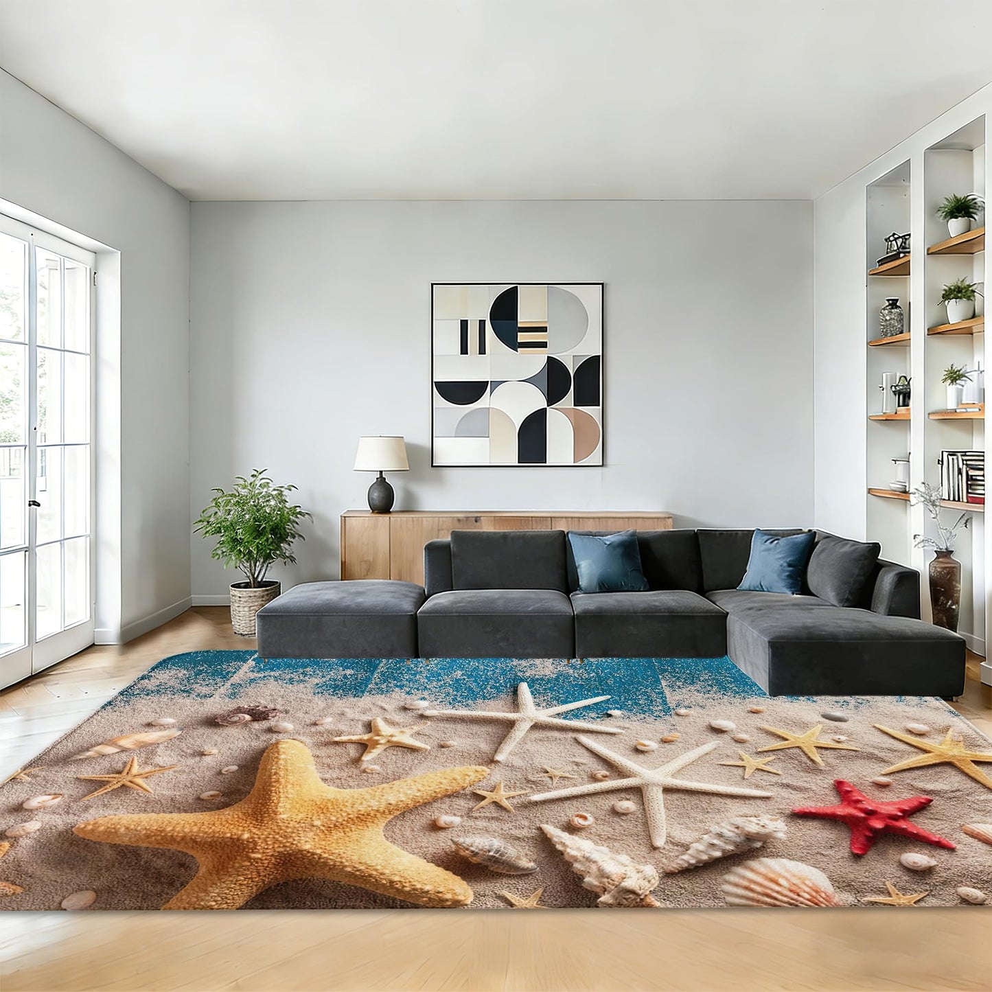 Coastal Beach Area Rugs for Living Room 5x7,Starfish Seashell Bedroom Rug Washable Non-Slip Soft Floor Big Carpets for Dining Room Nursery,Kids Home Decor Aesthetic