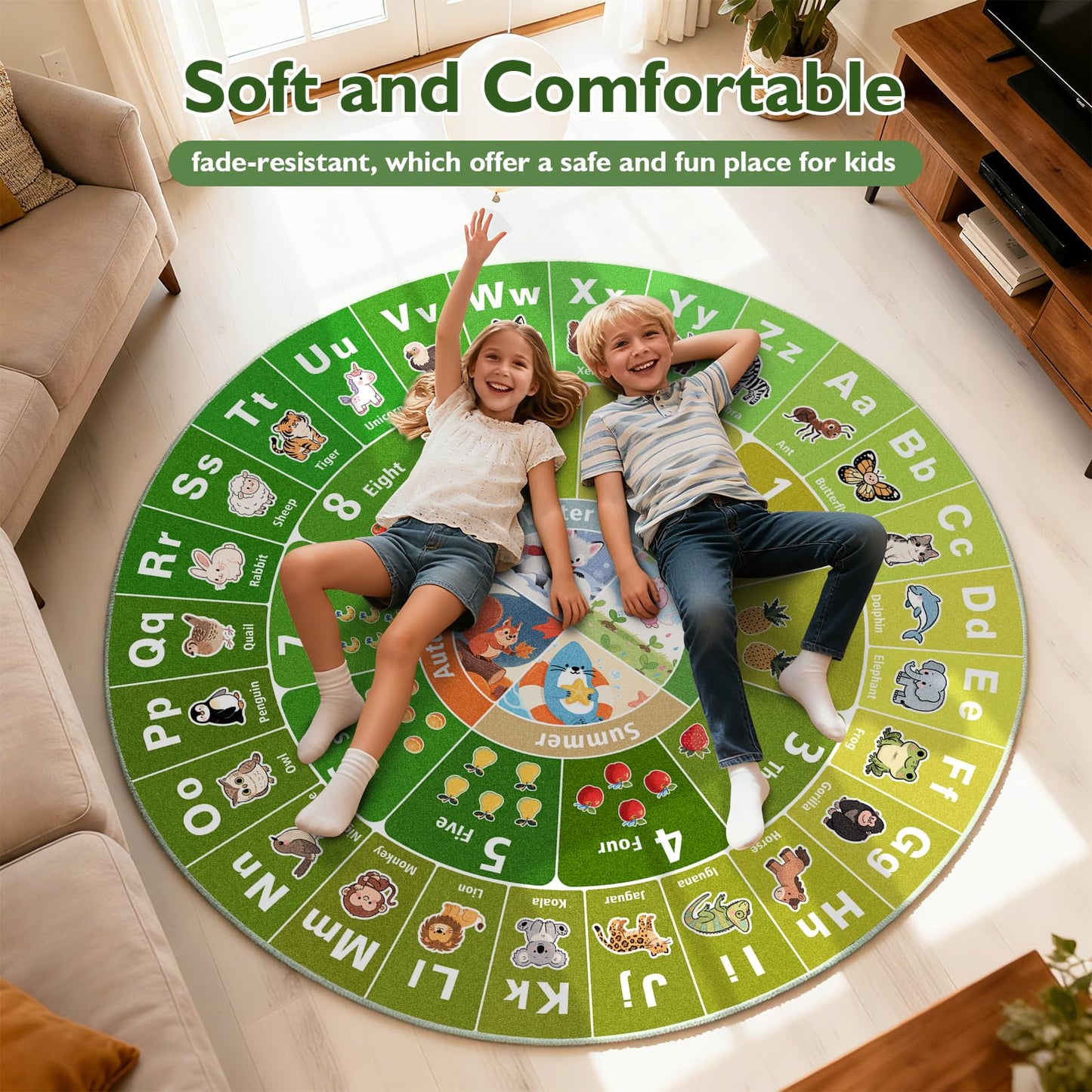 Kids Educational Area Rug for Playroom, 47x47'' Round ABC Alphabet Animals Fruits & Seasons Learning Rug,Non-Slip Soft Toddler Play Mat for Nursery Bedroom Classroom Kids Room Decor Washable Carpet