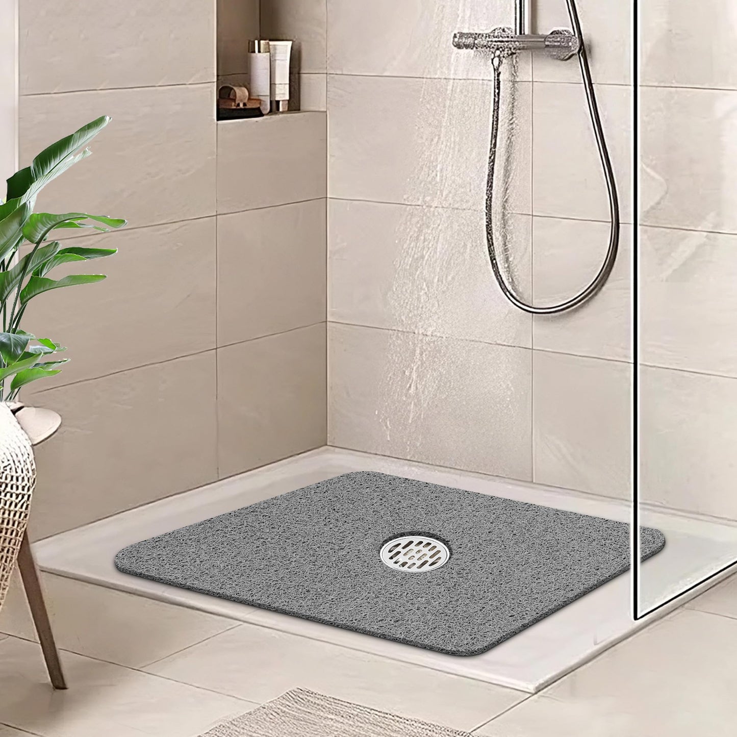 HITSLAM Square Shower Mat, 24 x 24 Inch Non Slip Bath Mat for Tub, Soft PVC Loofah Bathtub Mats with Drain Holes, Quick Drying Bathroom Stall Floor Mat, Bathroom Accessories Without Suction Cup, Grey