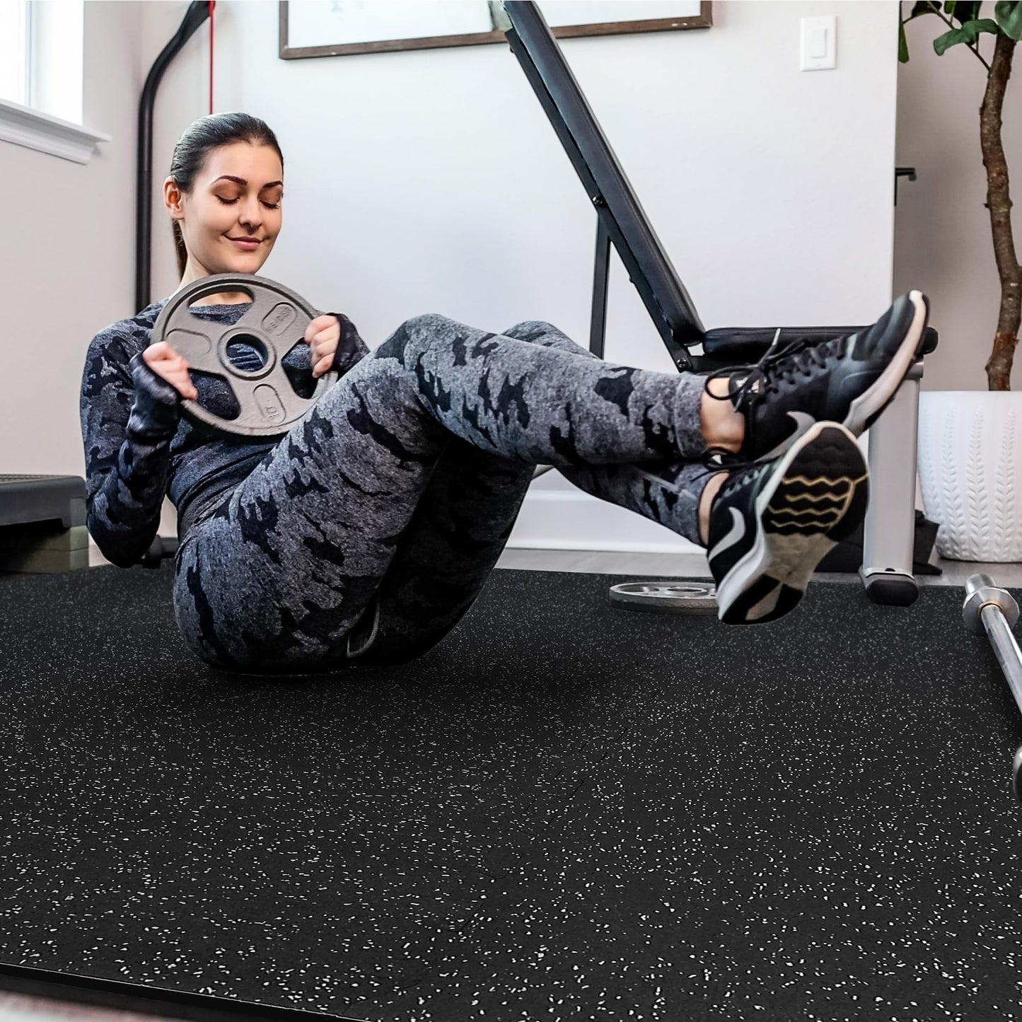SUPERJARE 0.4'' Thick 24 Pcs 96 Sq Ft Rubber Top Exercise Equipment Mats, High Density EVA Foam Mats with Rubber Top, Interlocking Gym Flooring for Home Gym, Protective Workout Mat, Black/Grey
