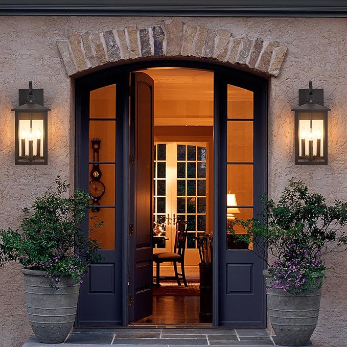 3-Light 9 inches Wide 20.5 inches High Large Wall Lantern Light with Textured Black Finish and Clear Glass New Traditional Outdoor Wall Lights for a Porch, Patio, Garage, Barn, Foyer