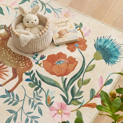 jinchan Moonrise Area Rug 8x10 Kids Room Rug Washable Unicorn Rug Soft Non-Slip Low Pile Fairytale Woodland Animals Floral Carpet for Classroom Nursery Playroom Bedroom Living Room Daylight Cream
