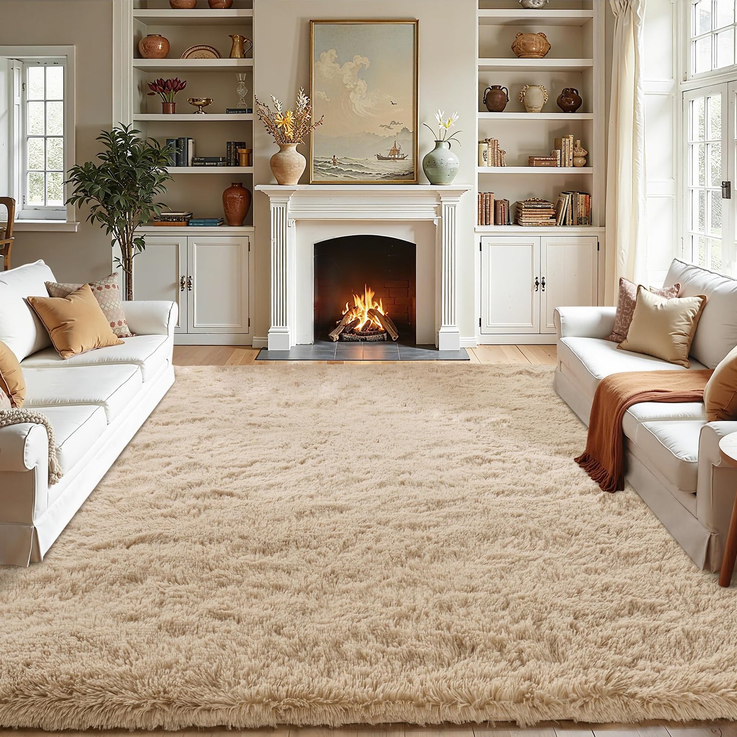 LEDODO Fluffy Area Rugs for Bedroom - Soft Plush Shag Rug for Living Room Nursery Kids Room - Non Slip Fuzzy Shaggy Floor Carpets for Girls Boys Play Room Dorm Decor (Beige, 5' x 7')