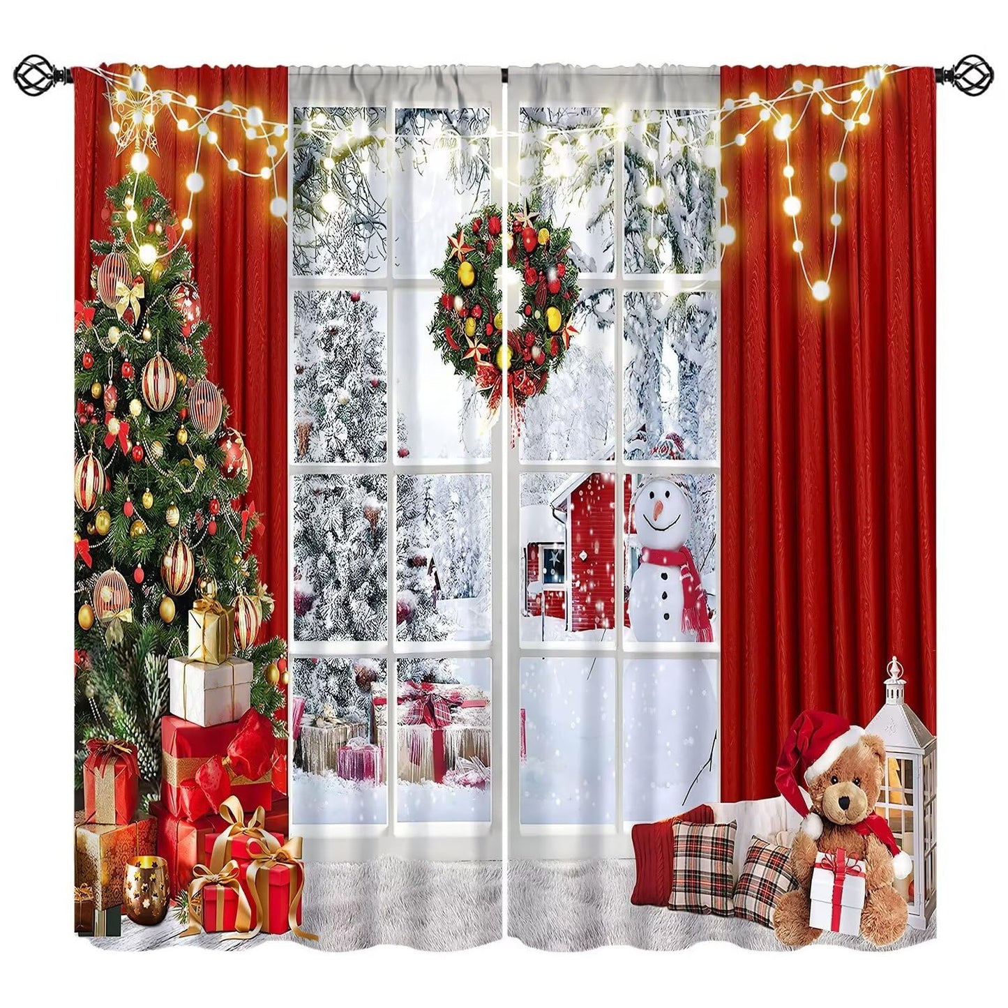 FengMingRui Merry Christmas Curtains Winter Festival Snowman Christmas Tree New Year Christmas Window Treatment Bedroom Living Room Decoration Blackout Decor Window Drapes 42" W X 45" L
