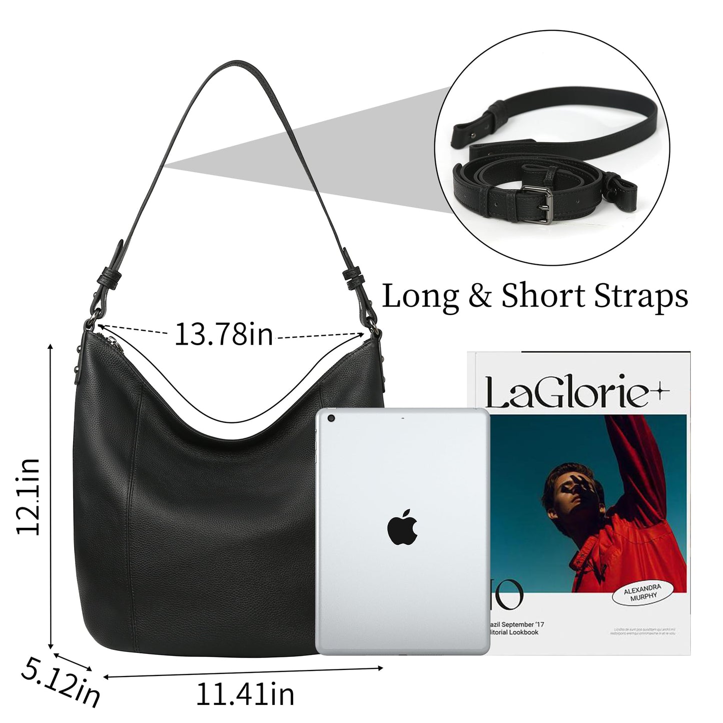 Iswee Genuine Leather Hobo Bags for Women Handbags Real Leather Purses Tote Black Slouchy Shoulder Purse Satchel Large Cross Body Bag (Black)