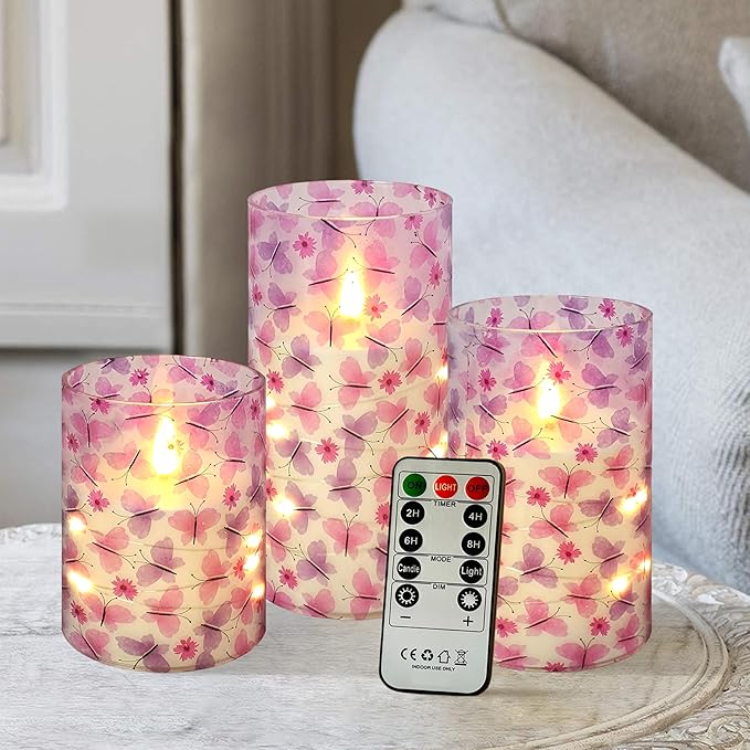 Flickering Flameless CandlesPink Butterfly Print, Embedded Star String Lights, Battery Operated Acrylic LED Pillar Candles with 11-Key Remote and Timer for Home Decoration, 3 Pack