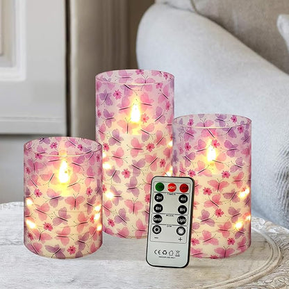 Flickering Flameless CandlesPink Butterfly Print, Embedded Star String Lights, Battery Operated Acrylic LED Pillar Candles with 11-Key Remote and Timer for Home Decoration, 3 Pack