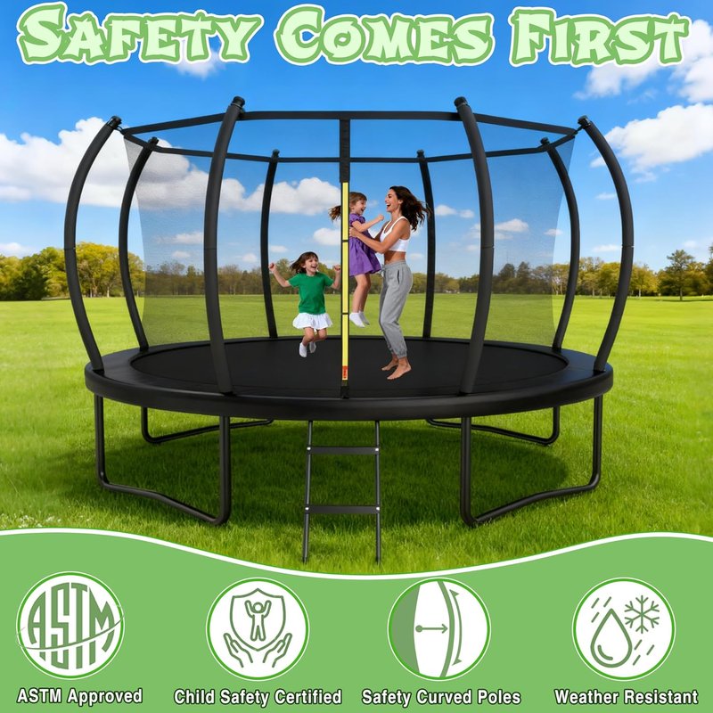 14FT Outdoor Kids Trampoline - Safety Enclosure Net & Ladder, ASTM Approved, Rust-Resistant Frame