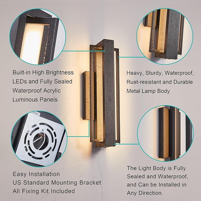 Double Square Frame Outdoor LED Wall Light, 15 Inch Textured Black Wall Sconce, Sleek Modern Light Fixture, Integrated LED 3000K 16W, Outside Lights for Patio, Porch, Front Door or Garage
